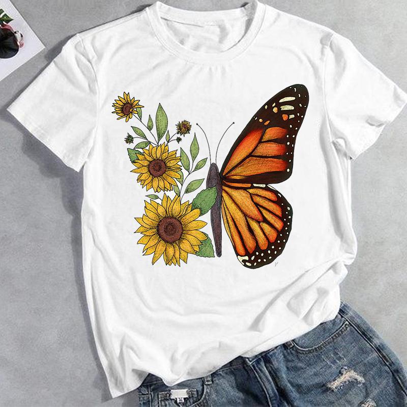 跨境欧美女装爆款蒲公英蝴蝶印花圆领女装衣服短袖t恤女体恤衫