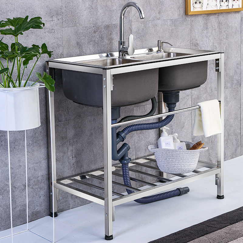 不锈钢简易水槽厨房洗菜盆双槽水池家用洗碗槽带支架洗手盆池架子