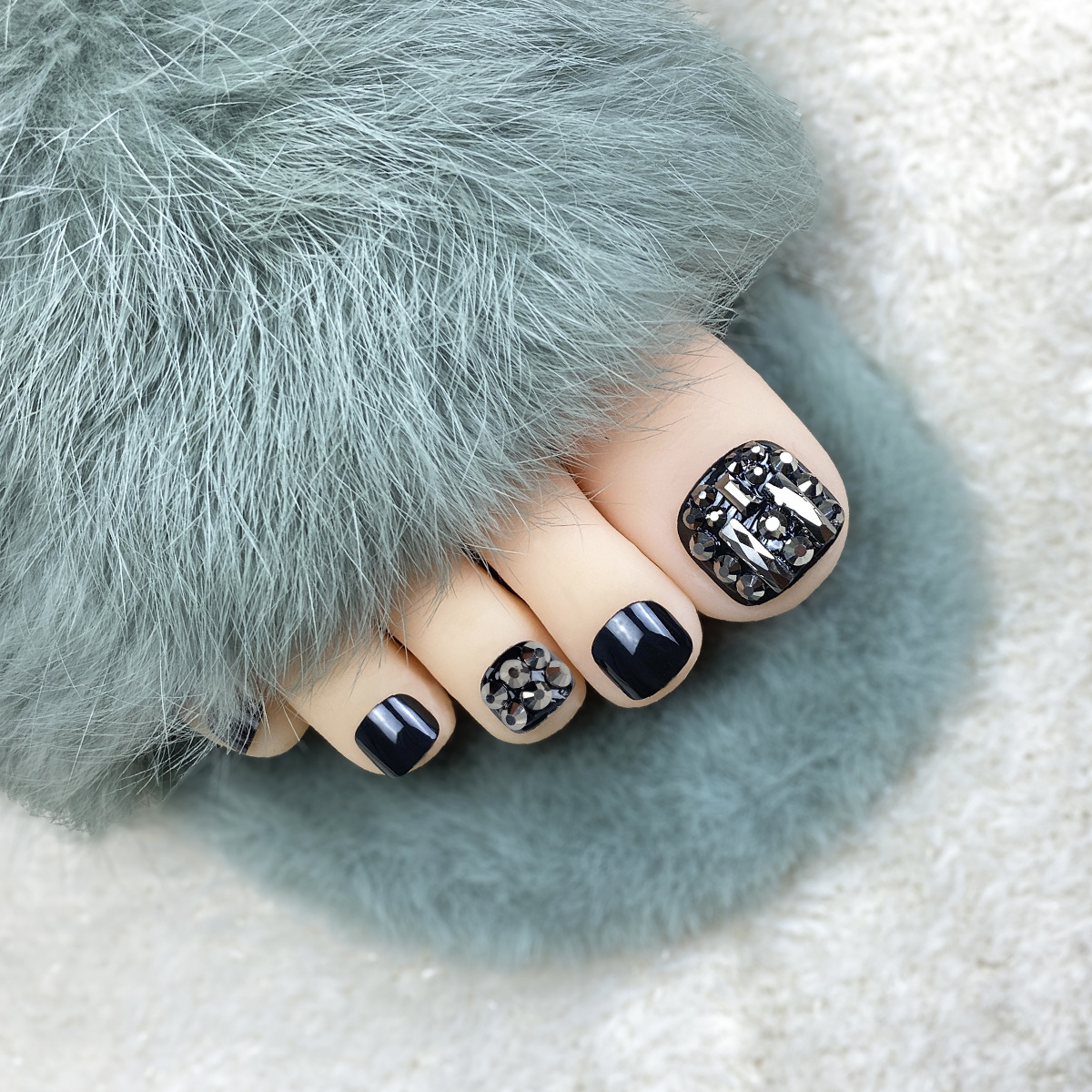 脚指甲贴片网红美甲贴成品黑色镶钻穿戴美甲可拆卸脚趾甲片zd-293