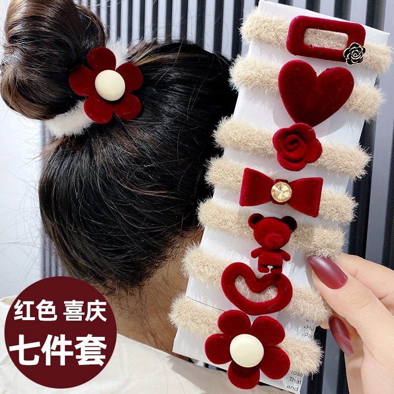 喜庆新年红色头绳发圈皮筋女扎头丝绒网红毛绒2022年新款发绳头饰