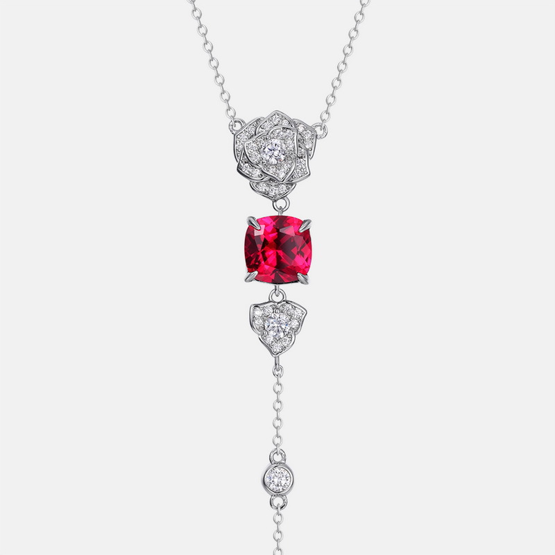 Europe and America Cross Border Artificial Rose Red Corundum Long Necklace Female S925 Silver Inlaid Colored Gems Necklace Affordable Luxury Fashion