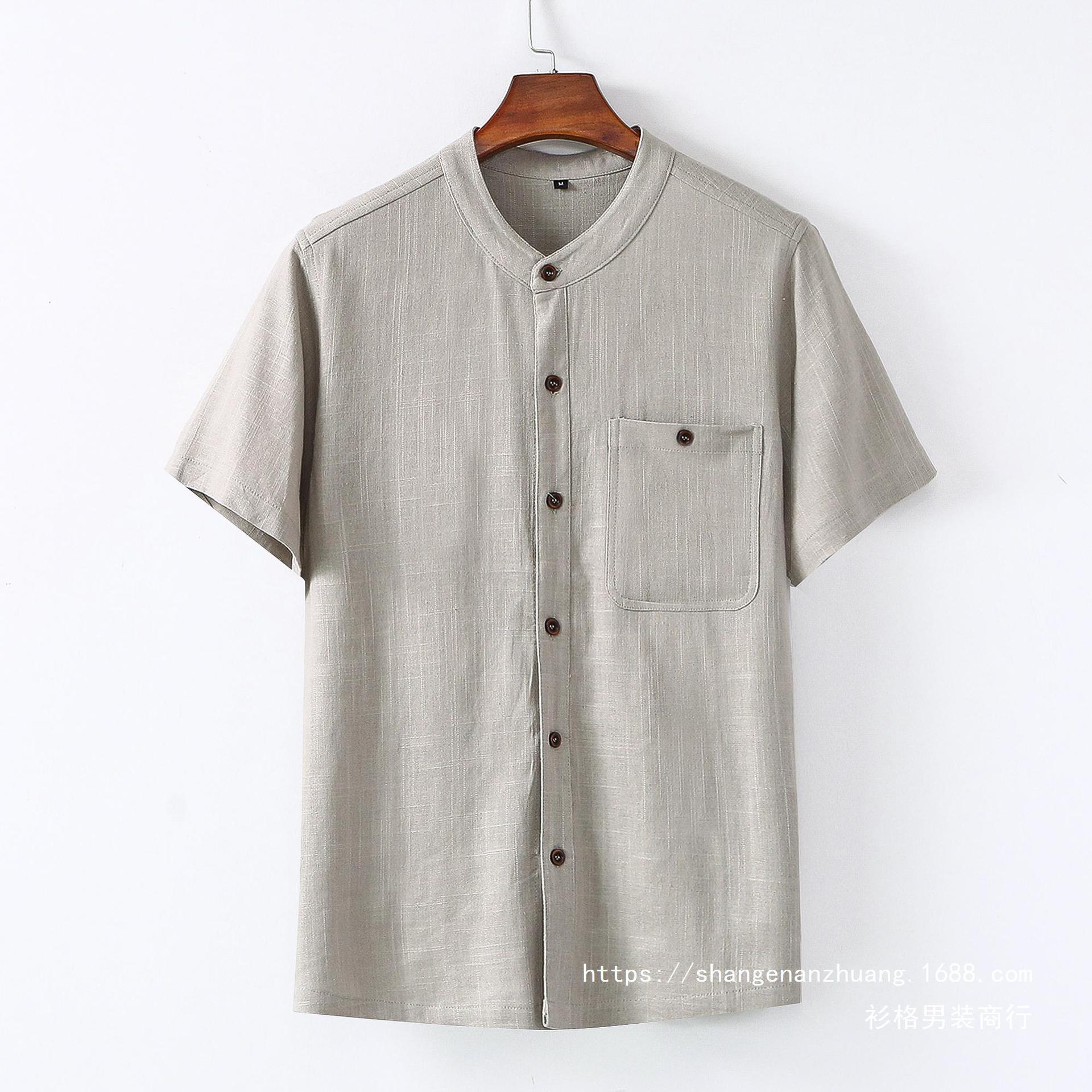 夏天中年男装亚麻衬衫爸爸装棉麻短袖t恤中老年爷爷宽松开衫国潮