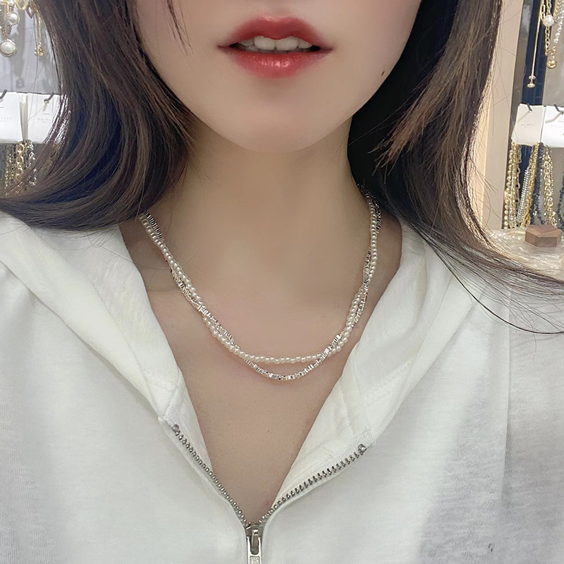 08 Popular Necklace Wholesale Supply Small Pieces of Silver Pearl Double-Layer Necklace Fashion Trending New All-Match Clavicle Chain for Women