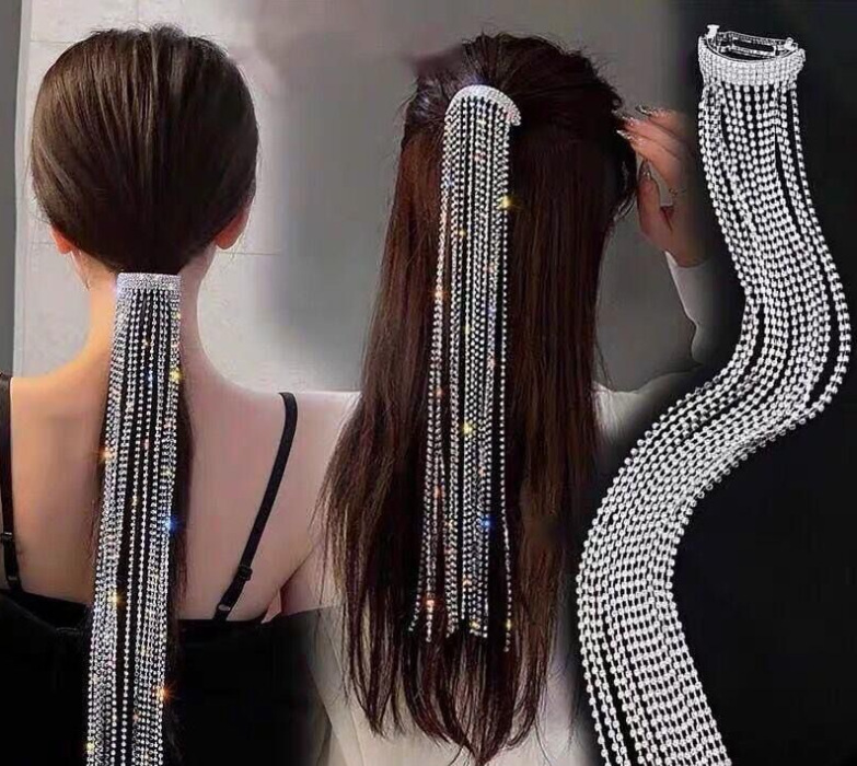 Full Rhinestone Tassel Hair Accessories Headdress Spring Clip Ponytail Clip