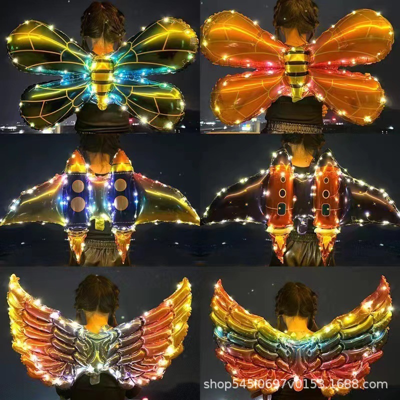 Net Red Bee Butterfly Wings Balloon Children‘s Inflatable Angel Back Decoration Rocket Balloon Luminous Toy Night Market Stall