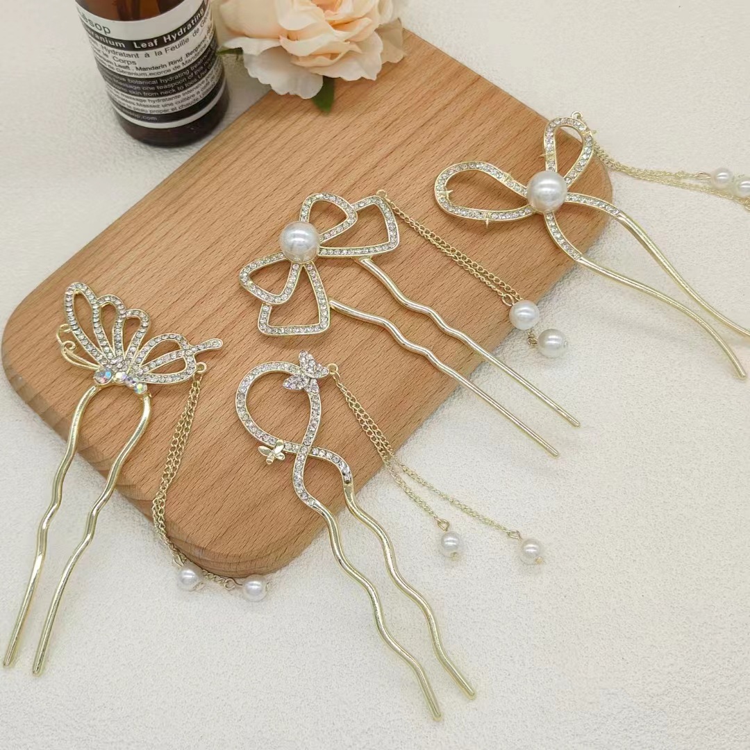 新款u型仿珍珠流苏发钗女后脑勺盘发簪古风高级感水钻新中式头饰