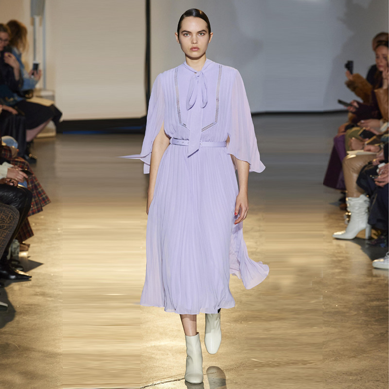 欧洲站2021春夏季走秀款系带领中袖收腰下摆压褶气质连衣裙配腰带