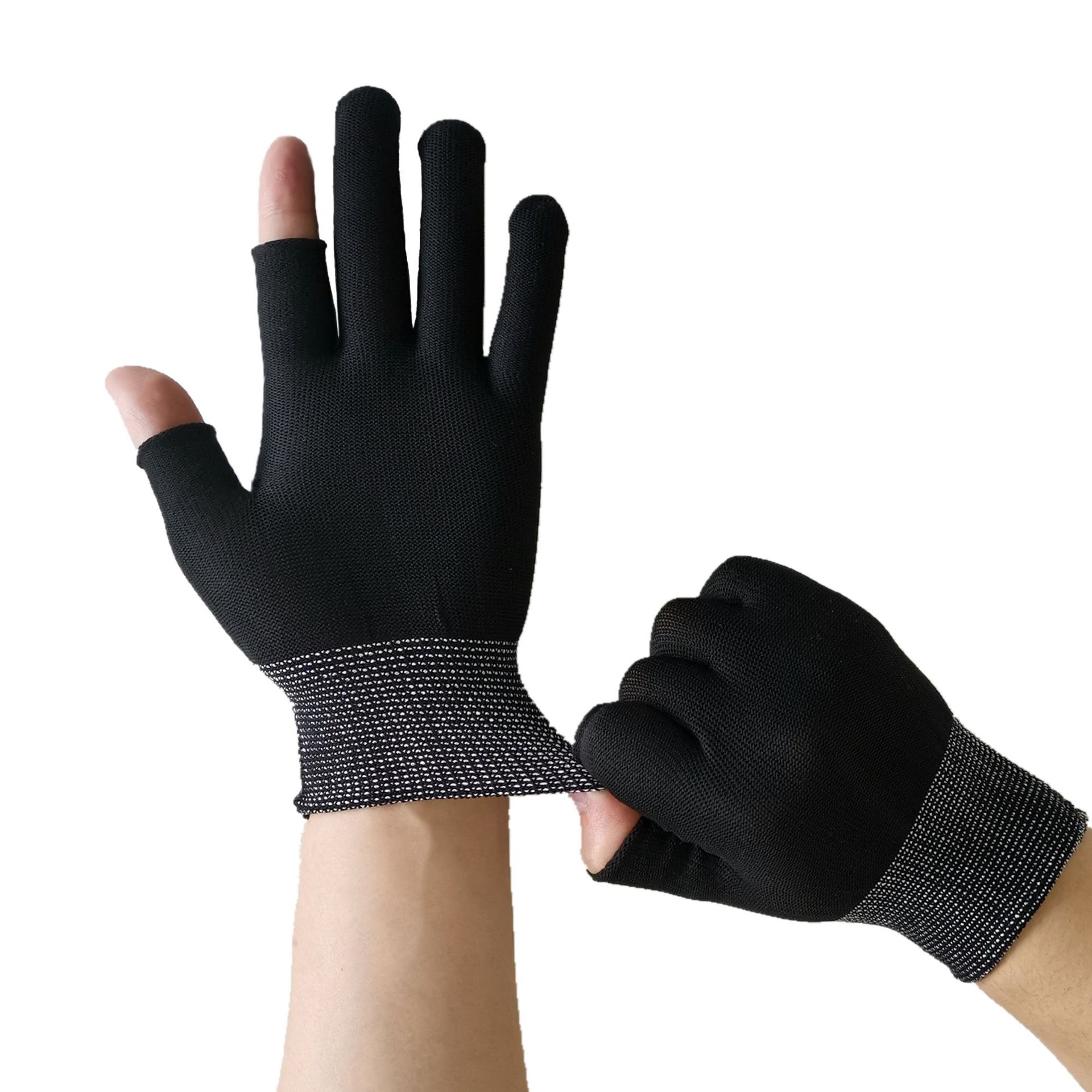 黑色断二指手套漏指头弹力透气采摘黑尼龙工作男女露半指触屏手套