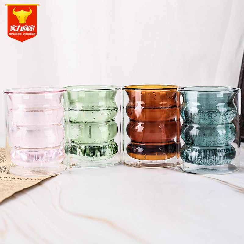 Double-Layer Coffee Cup Glass Household Color Double Transparent Spiral Milk Juice Borosilicate Glass Water Cup