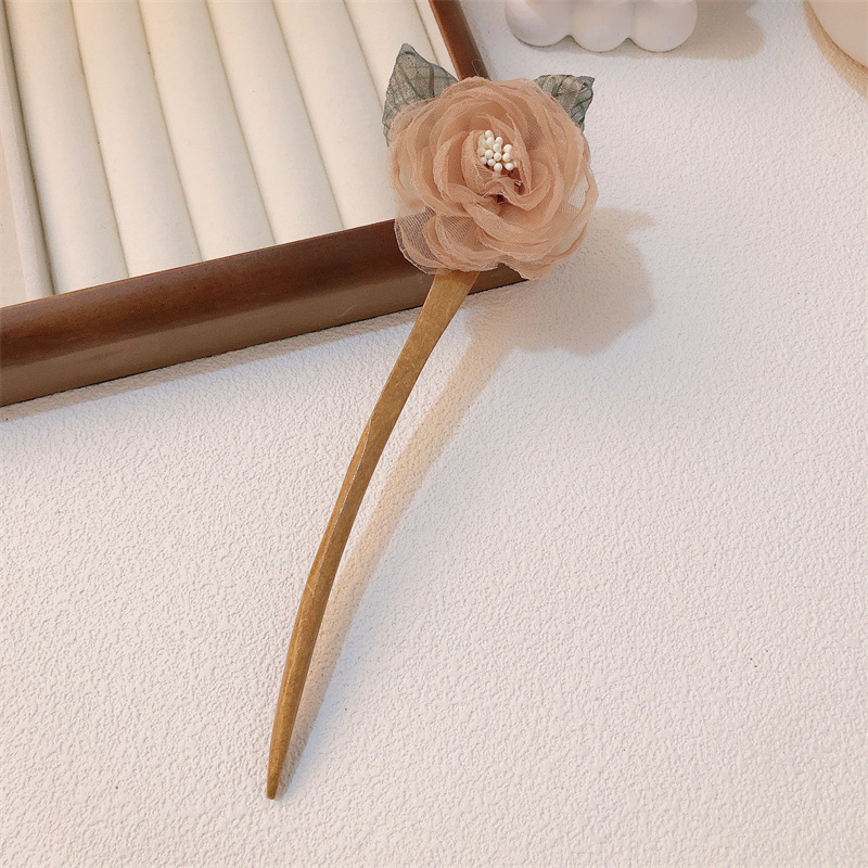 Rose Hairpin Women's Ancient Style Han Chinese Clothing Headdress Vintage Flower Wooden Hairpin Hair Accessories