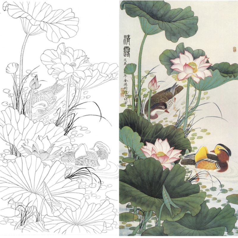工笔国画花鸟荷花鸳鸯白描底稿66*126厘米打印稿含a3彩图