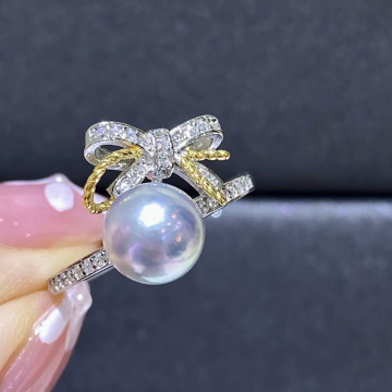 diy配件 s925纯银甜美蝴蝶结珍珠戒指空托指圈开口半成品手工戒托