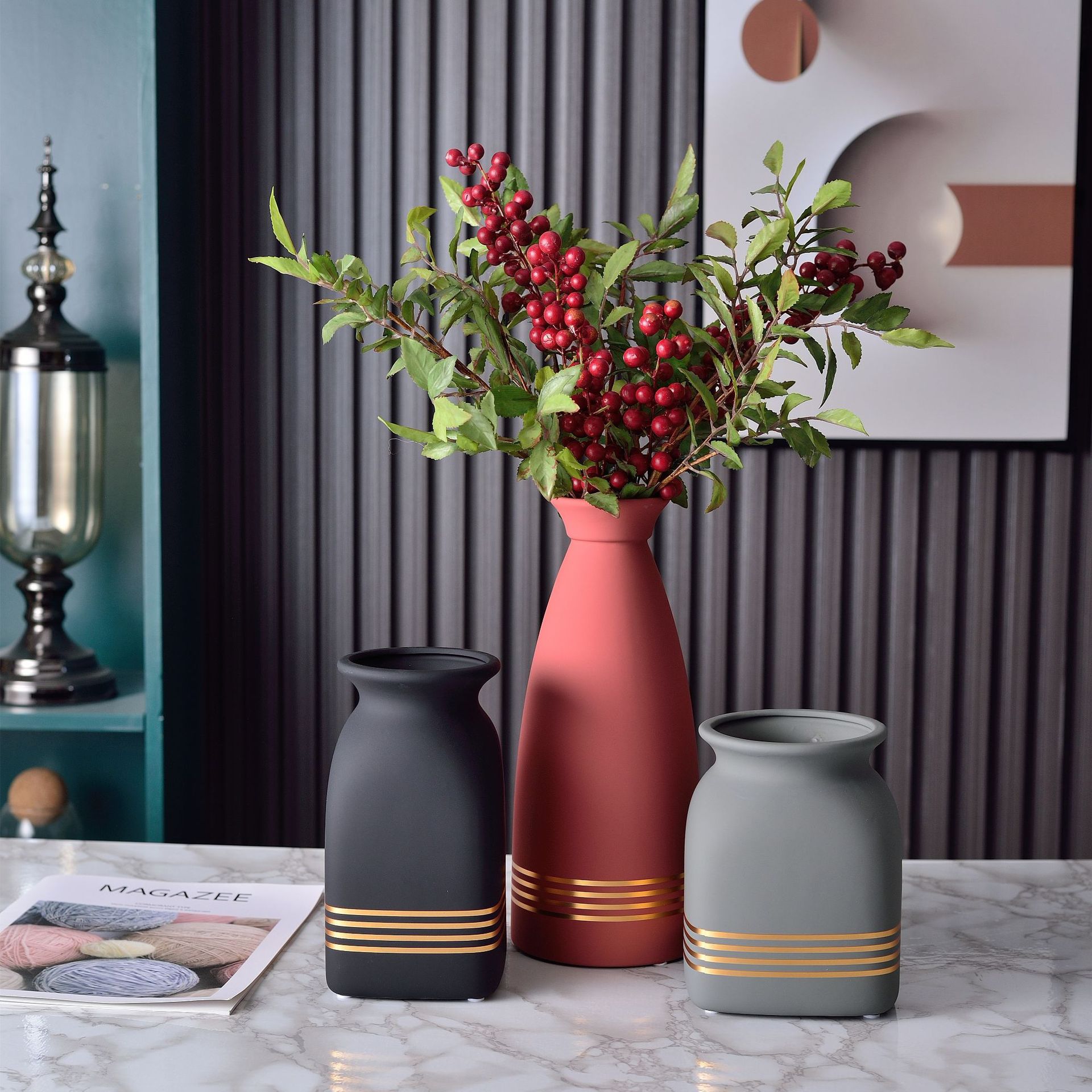 简约现代莫兰迪色红黑灰金色陶瓷花瓶花器家居装饰工艺品海棠