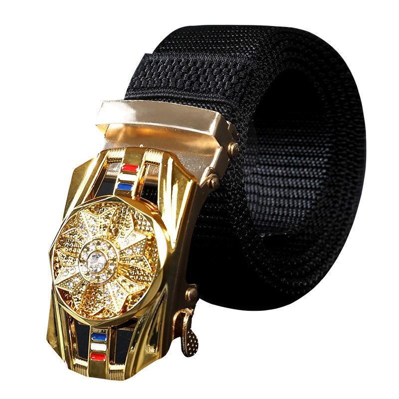 [Fule Leather] Woven Nylon Casual Fashion trendy Rotating Automatic Buckle Canvas Belt Men 