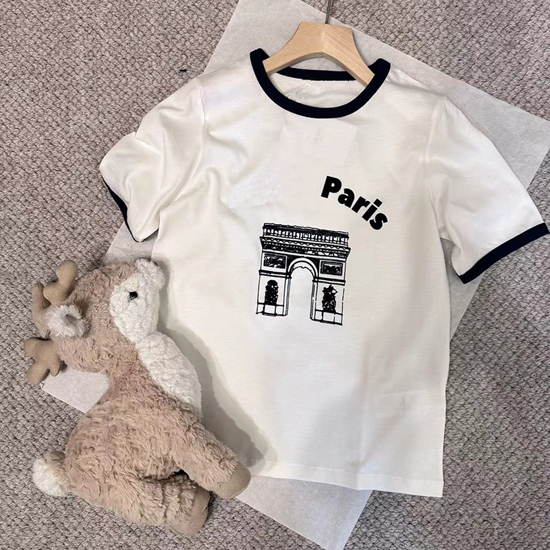 24早春新款法式慵懒巴黎凯旋门植绒字母圆领女士t恤-阿里巴巴