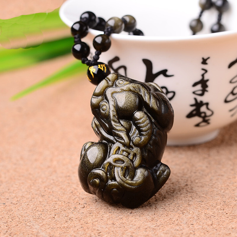 天然墨西哥金曜石貔貅男女士款吊坠黑耀石项链东海水晶皮休批发