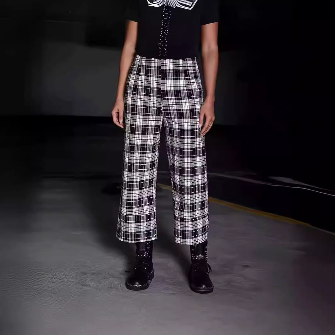 裤子女2024年新款欧美 高腰格子阔腿裤 黑白格子宽松休闲7分长裤