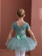 儿童舞蹈服短袖绿色女童练功服夏季纯棉韩版幼儿芭蕾舞亮片纱裙子
