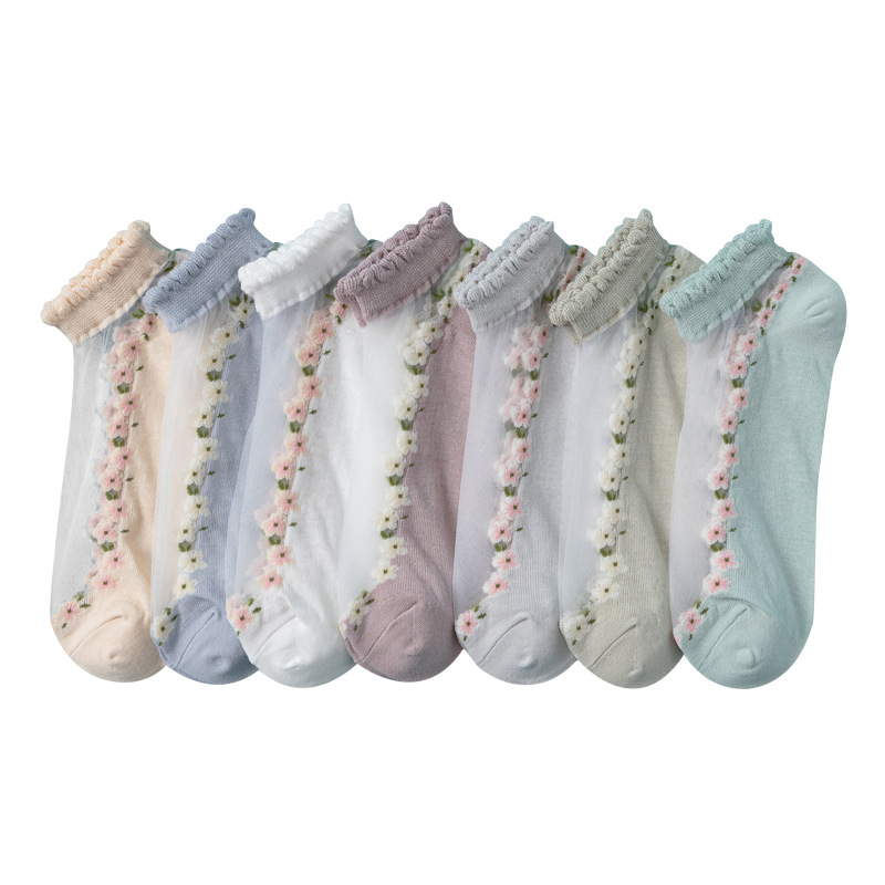 Women's Thin Socks Sexy Silk Stockings Spring and Summer Spun Glass Lace Crystal Boat Socks Cotton Socks Breathable Sweat Absorbing Socks Wholesale