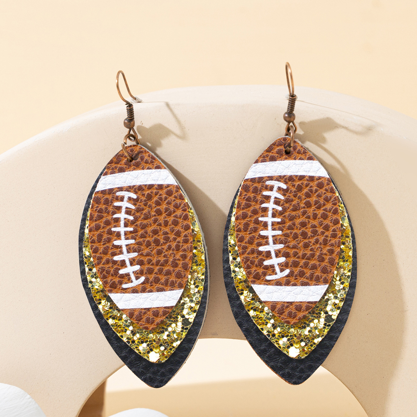 Sports Style Rugby Brown Leopard Print Leaves Three-Layer Leather Spot Drill Rugby Earrings Europe and America Cross Border Amazon