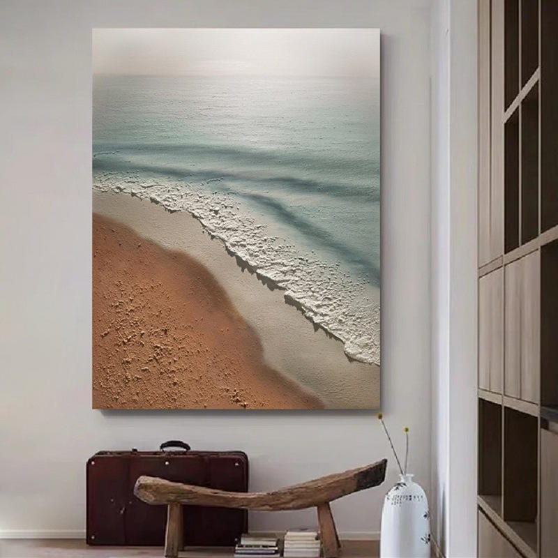手绘油画客厅抽象挂画玄关餐厅侘寂风壁画大海沙滩肌理立体装饰画