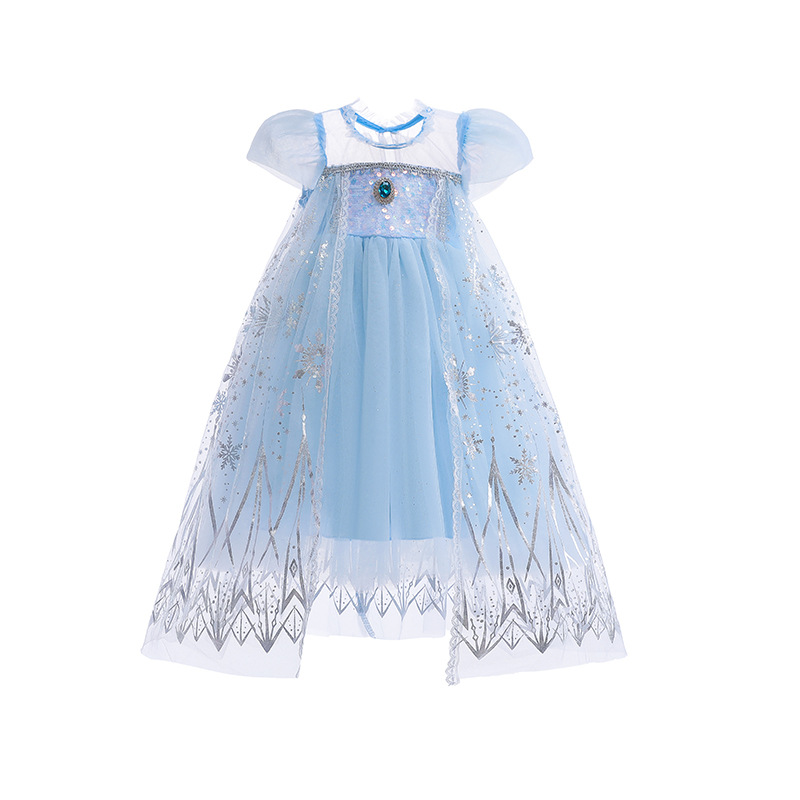 新款时尚冰雪公主裙艾莎披风网纱裙小女孩夏天公主连衣裙-阿里巴巴