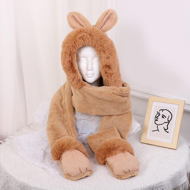 New Thickened Bear Hat Women's Winter Scarf Three-Piece Set Plush Cute Warm Scarf One-Piece Hooded Gloves