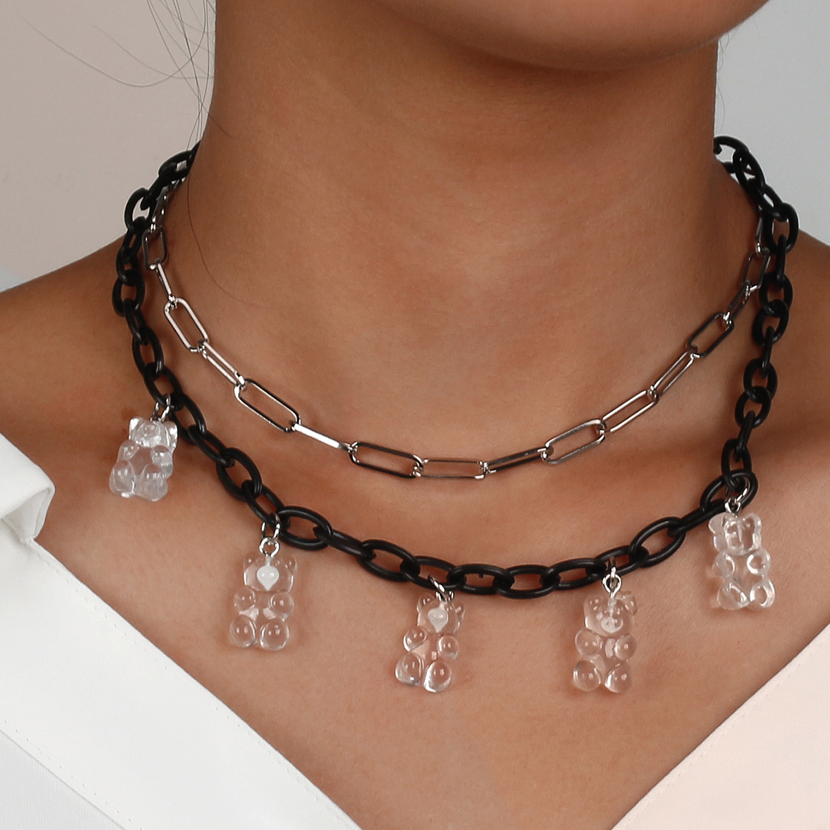 新款创意透明小熊吊坠双层塑料链条搭配合金链条项链首饰锁骨链女