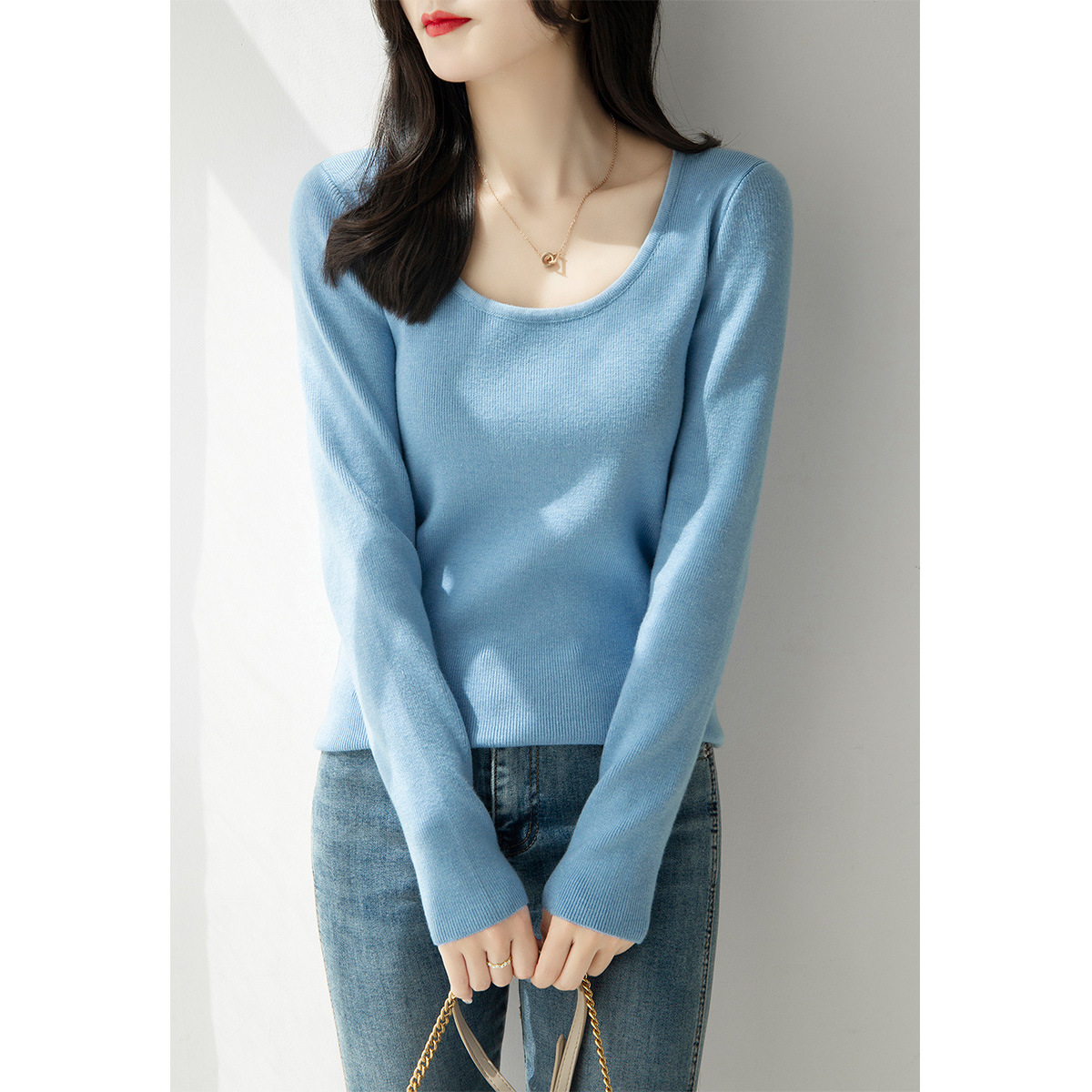 简约打底衫上衣低圆领长袖修身显瘦针织衫u领纯色套头内搭毛衣