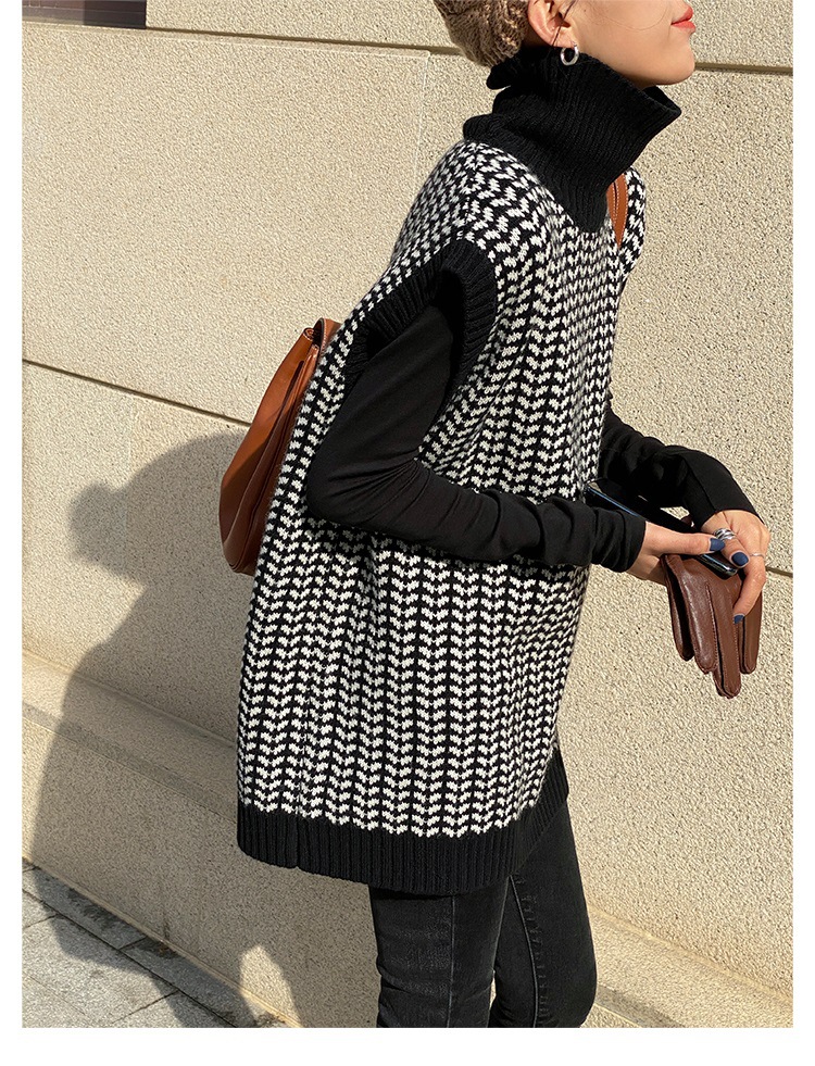 慵懒风复古高领针织马甲背心女春秋季外穿中长款无袖坎肩毛衣外套
