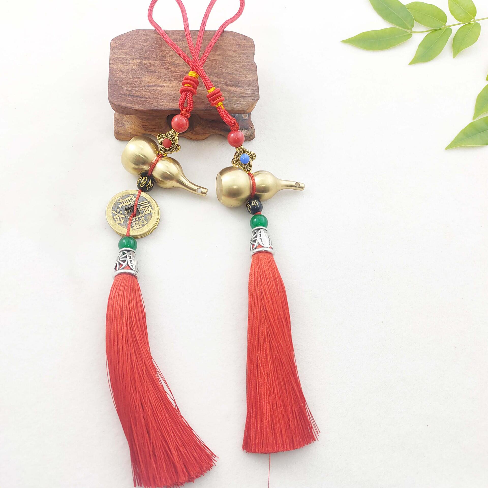 厂家直销纯铜葫芦五帝钱流苏车挂汽车包包挂饰手工编织红色饰品