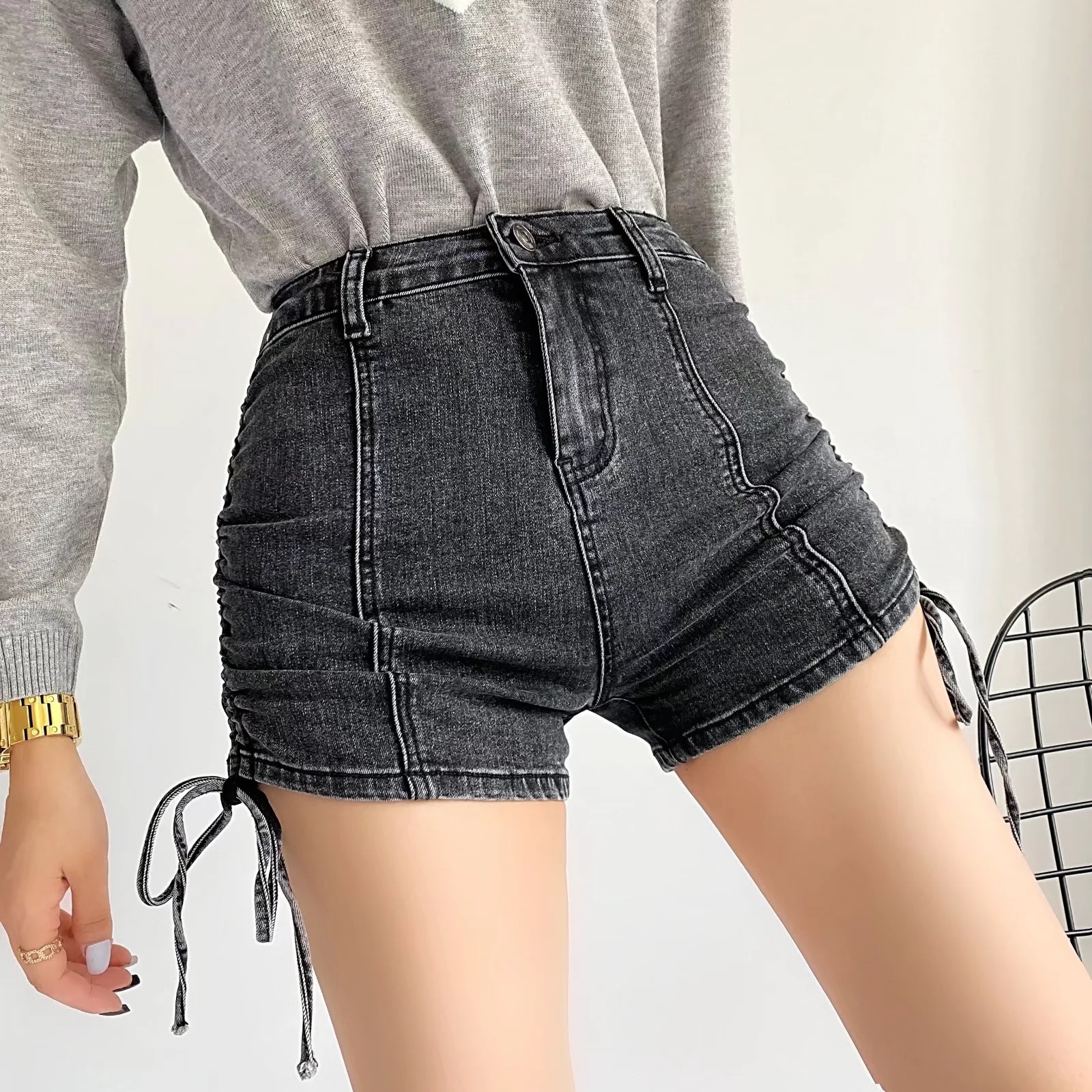 2022春夏新款欧美时尚气质性感高腰拼接褶皱短裤女侧抽绳牛仔热裤