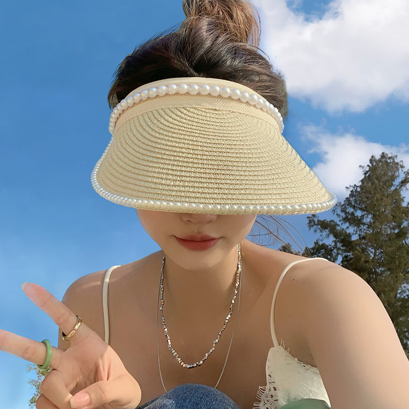 Straw Pearl Sun Hat Headband Visor Straw Hat Women's Summer Uv Protection Face Cover Sun-Proof Sun Hat Women's