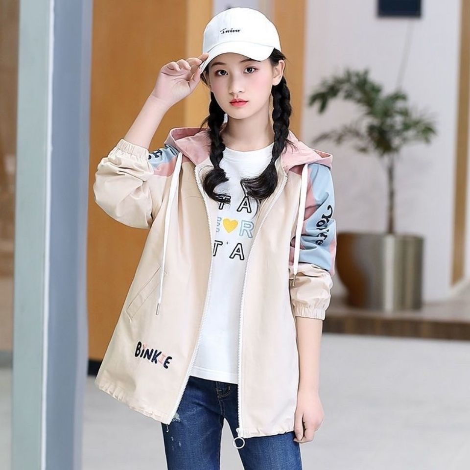 少女春秋外套初中生秋装韩版13岁16女孩中学生连帽休闲风衣学院风