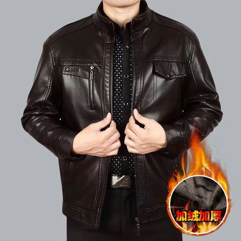 Autumn and Winter Fleece-lined Thickened Men's Genuine Leather Clothes Middle-Aged and Elderly Loose plus Size Leather Jacket Dad Wear Casual Leather Top