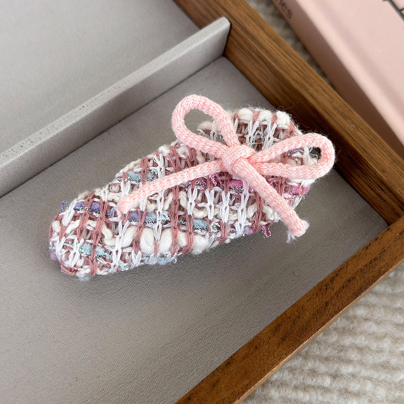 Classic Style Pink Bow Woolen Barrettes Female Autumn and Winter Bangs Side Clip High Sense Hairware Hairpin