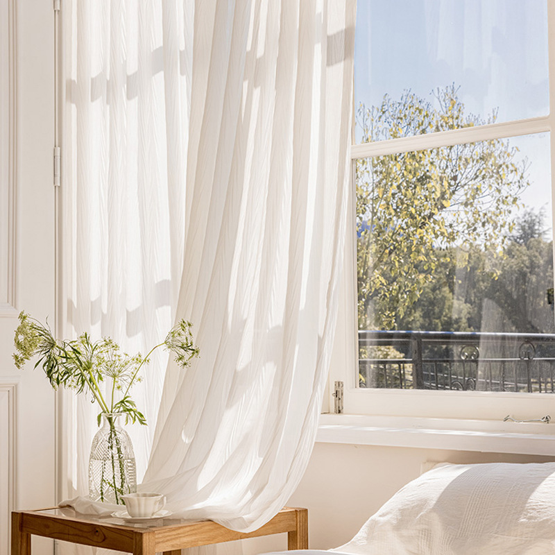 白纱窗帘透光不透人纱帘法式轻奢客厅卧室阳台人字纹纱飘窗白色pm