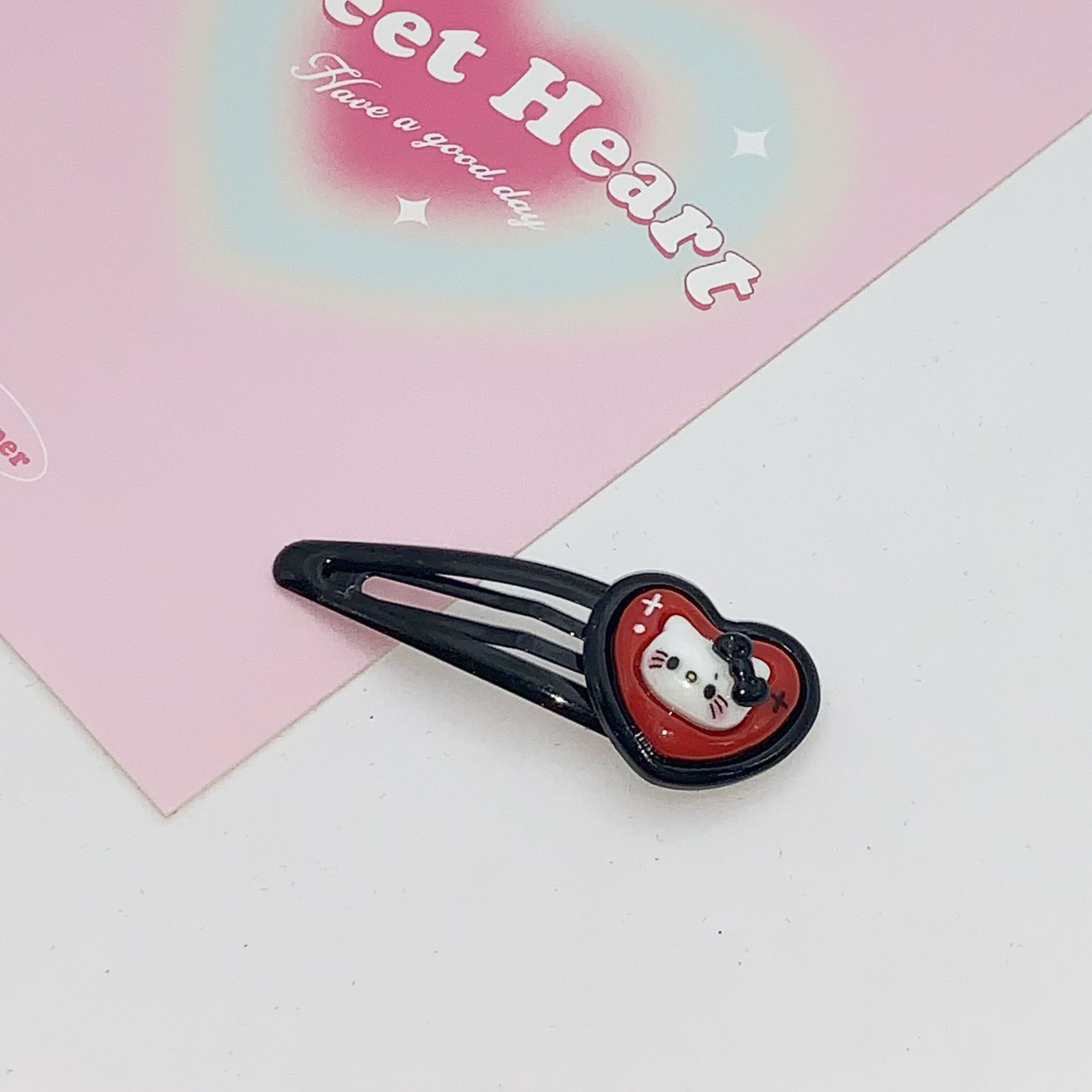 Cartoon Cute Black and Red Cat Heart Shredded Hairpin Ins Girl Bang Clip Broken Hair Dopamine Clip Side Clip