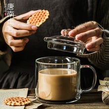 批发家用高硼硅耐热玻璃水杯带把手大口径杯子茶杯带盖勺子咖啡杯