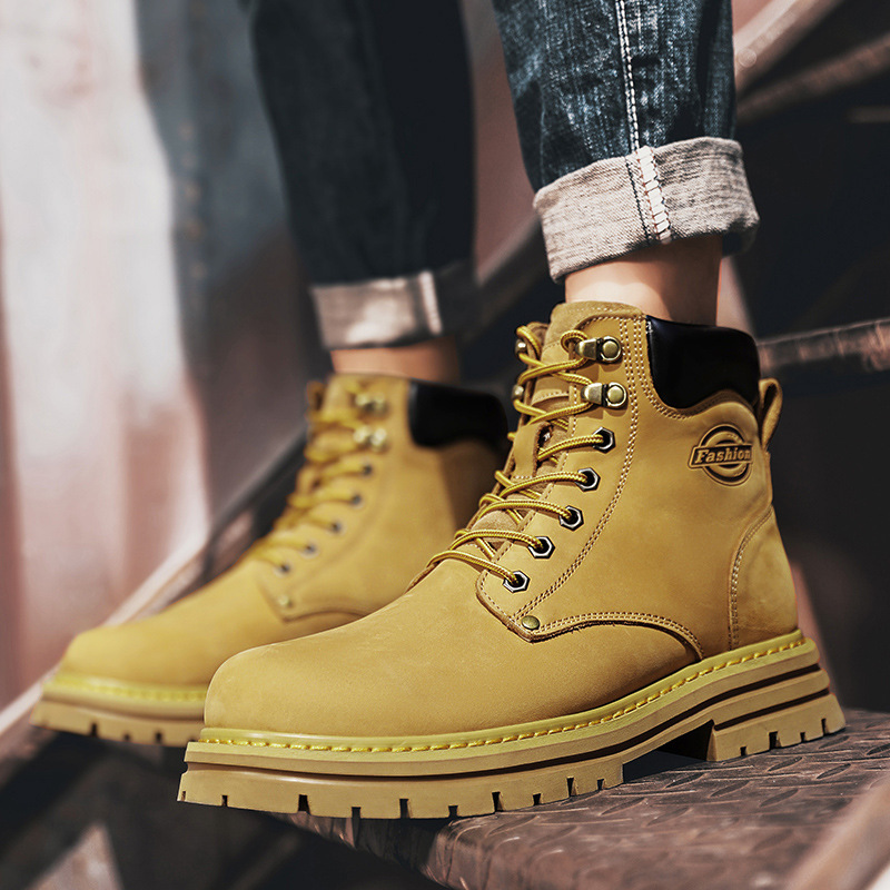 大黄靴男头层牛皮马丁靴增高鞋男款英伦风情侣皮靴高帮工装沙漠靴