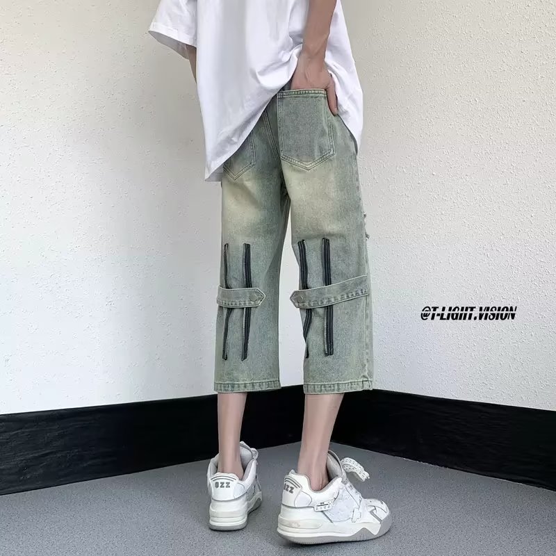 破洞牛仔短裤男夏季薄款设计感痞帅乞丐裤子高街美式vib风6七分裤