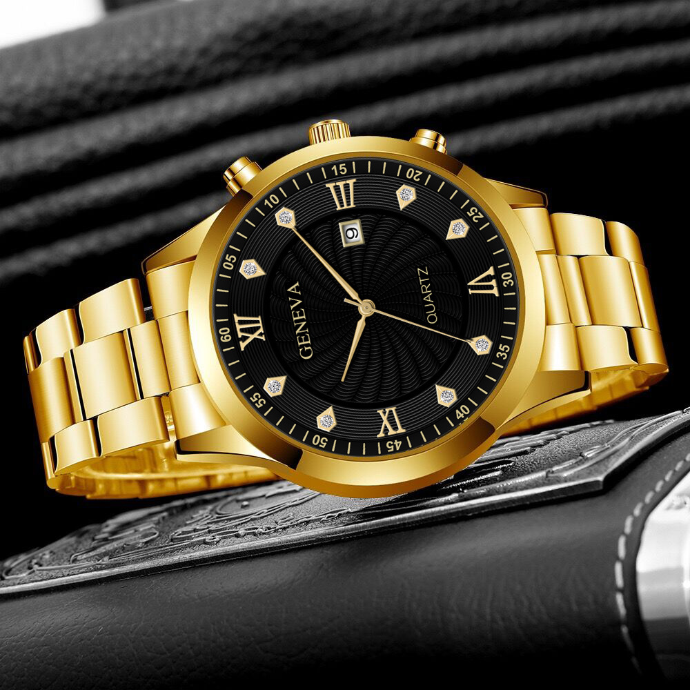 geneva时尚莱茵石镶嵌合金钢带男士手表 罗马刻度日历石英表男款
