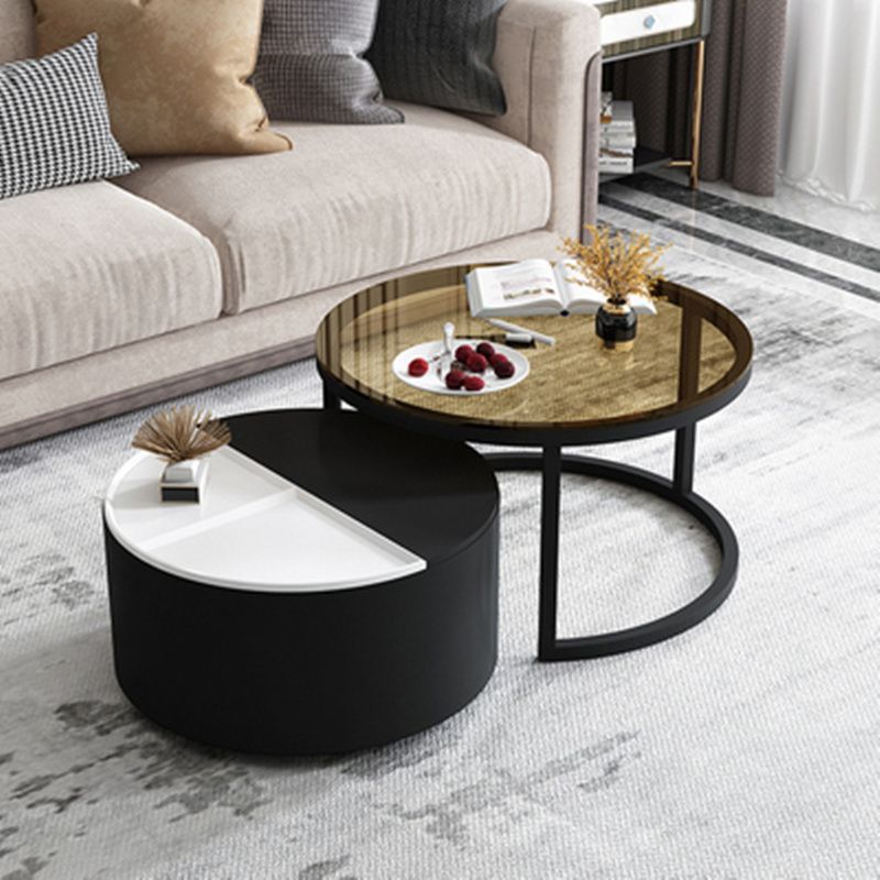 Nordic Coffee Table Living Room Modern Minimalist Retractable Combination round Tea Table Tempered Glass Creative Iron Coffee Table Side Table