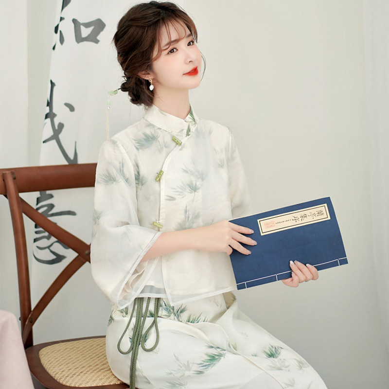 新中式国风旗袍套装女夏季气质绝美盘扣上衣半身长裙两件套茶艺服