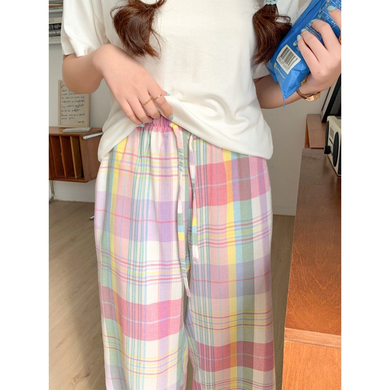 2024夏季新款韩系彩色格子睡裤减龄设计感家居裤可外穿-阿里巴巴