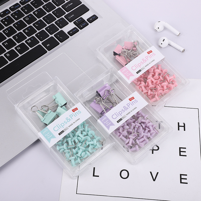 Cross-Border Two-in-One Macaron Color Large and Small Clip Ticket Holder Drawing Pin Binder Clip Boxed Office Combination Set