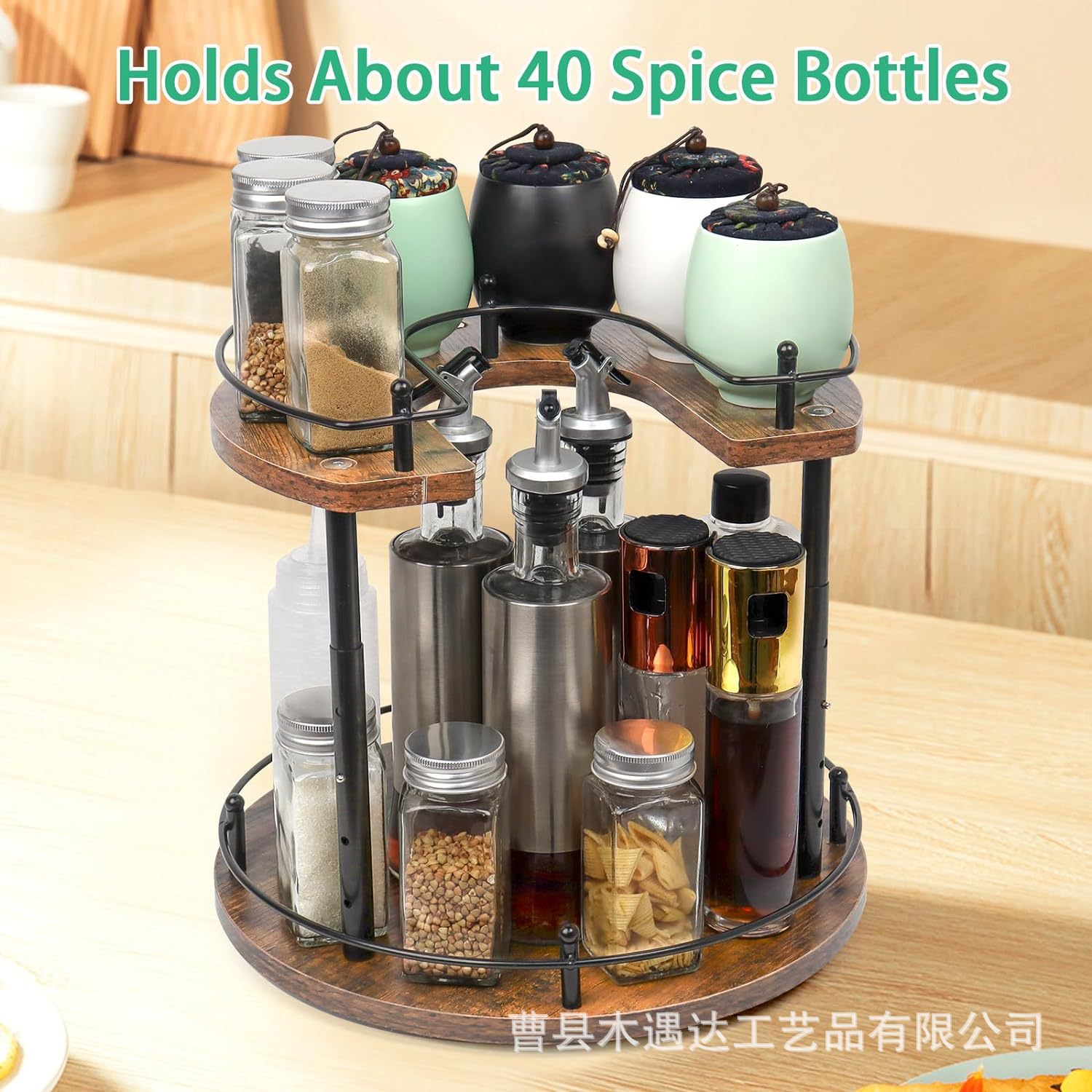 木质两层置物架厨房台面调味罐整理架复古实木餐厅餐具架收纳架