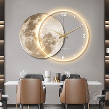 led灯带墙面创意时钟客厅餐厅装饰画侘寂风壁灯钟表高档月球挂画