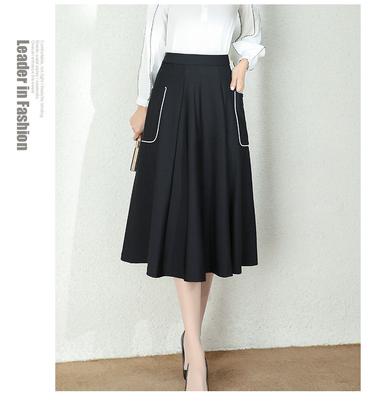 春秋长款半身裙高腰太阳裙口袋百褶裙大摆太阳裙女黑裙弹力a字裙