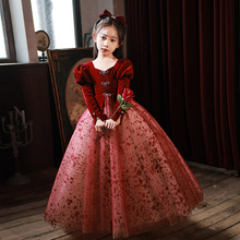 女童丝绒长袖晚礼服春季红色赫本风儿童生日走秀钢琴演奏演出服